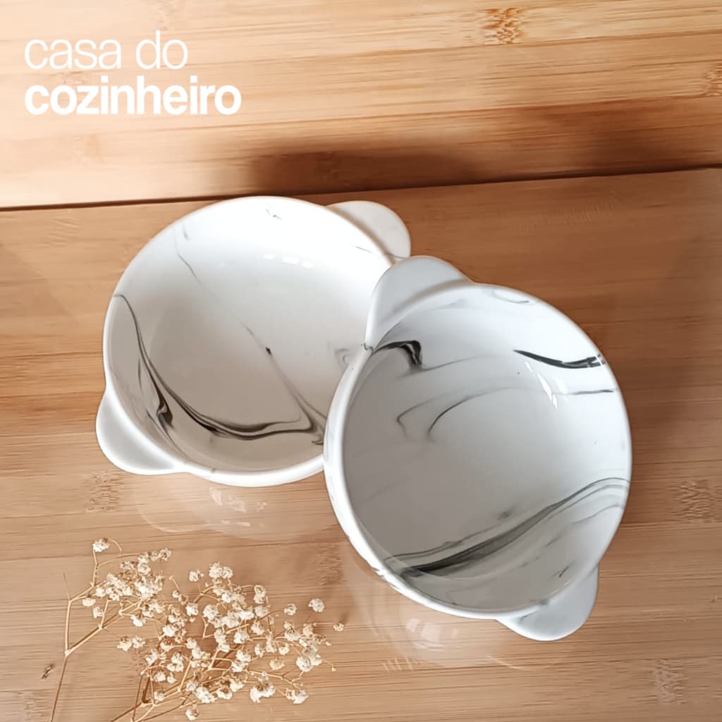 Kit 2 Travessas de Porcelana Tijelas Redondas 350ml com Alças 5 X 15,7 X 12,7 CM