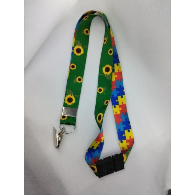 Cordão Para Crachá DUPLO Autismo + Girassol com " Trava de Segurança"