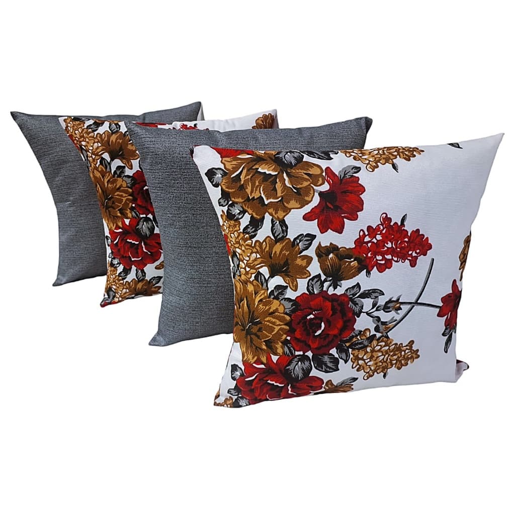 KIT 4 CAPAS ALMOFADAS 2 FLORES VERMELHAS 2 CINZA 45X45 CM COM ZIPER ESCONDIDO