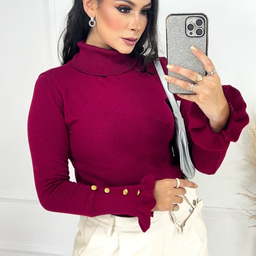 Blusa de frio feminina Cacharrel manga longa com botão suéter blogueira Tricô Tricot