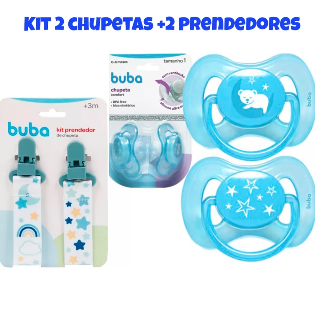 Kit 2 Chupetas Bicos de Silicone Bico Buba Bebê mais Prendedores de Chupeta