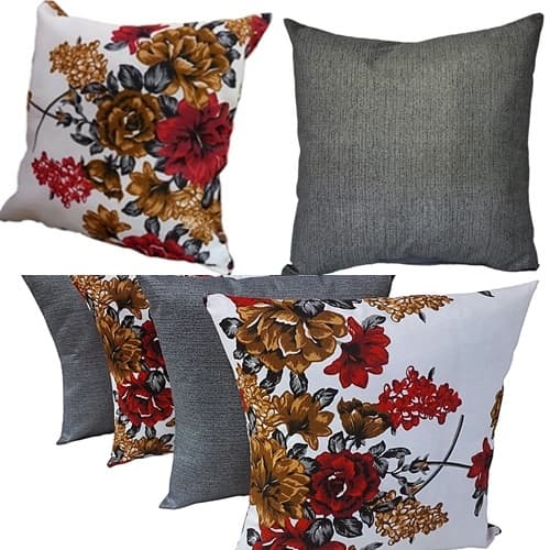 KIT 6 CAPAS ALMOFADAS 3 FLORES VERMELHAS 3 CINZA 45X45 CM COM ZIPER ESCONDIDO