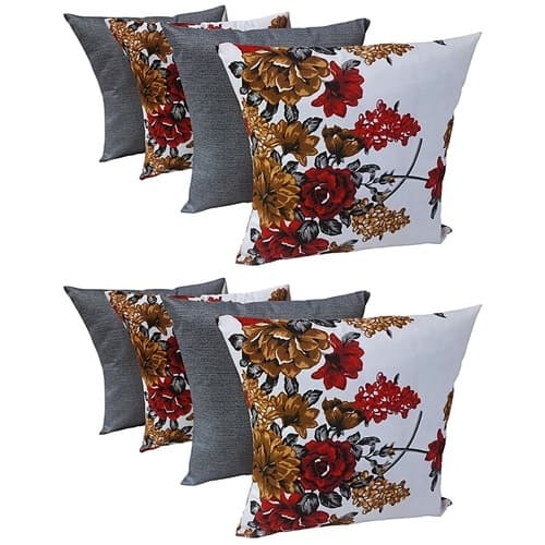 KIT 8 CAPAS ALMOFADAS 4 FLORES VERMELHAS 4 CINZA LISA 45X45CM COM ZIPER ESCONDIDO