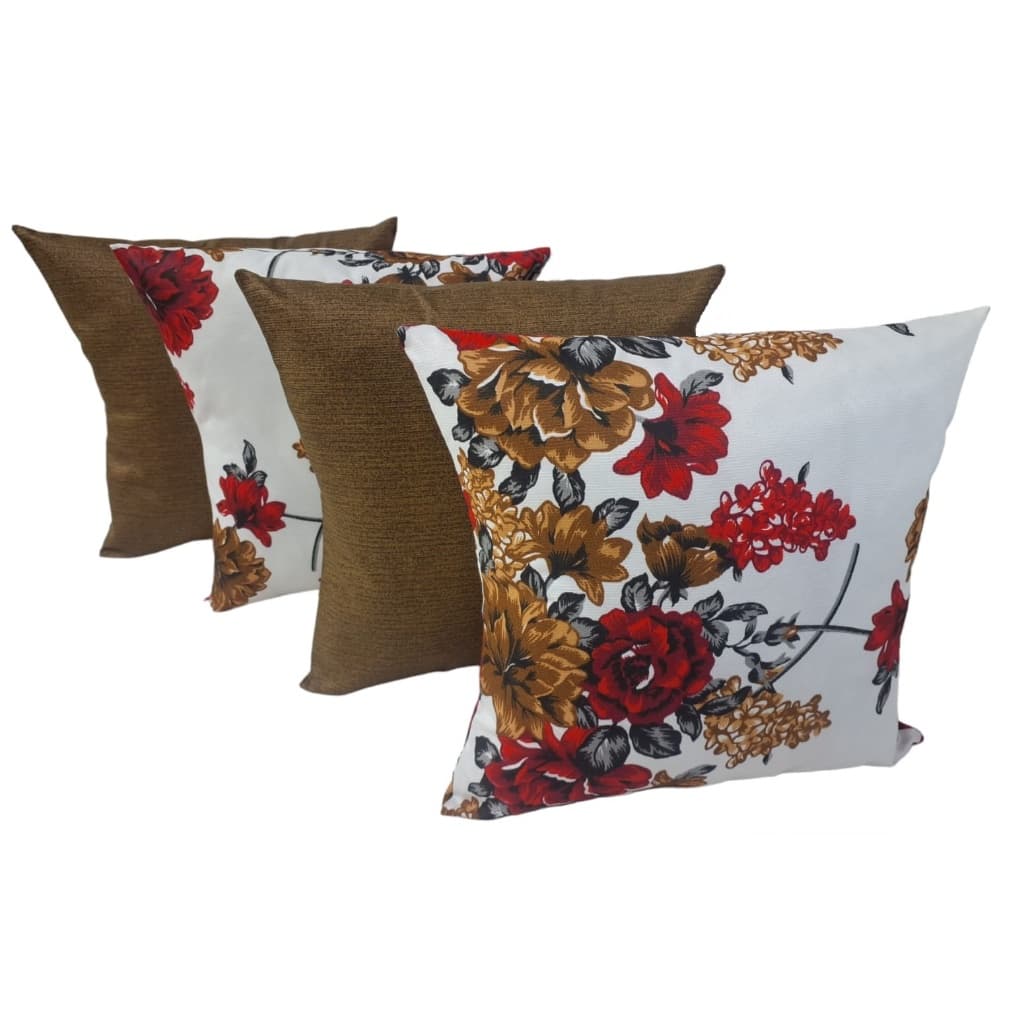 KIT 4 CAPAS ALMOFADAS 2 FLORES VERMELHAS 2 MARROM LISA 45X45CM COM ZIPER ESCONDIDO