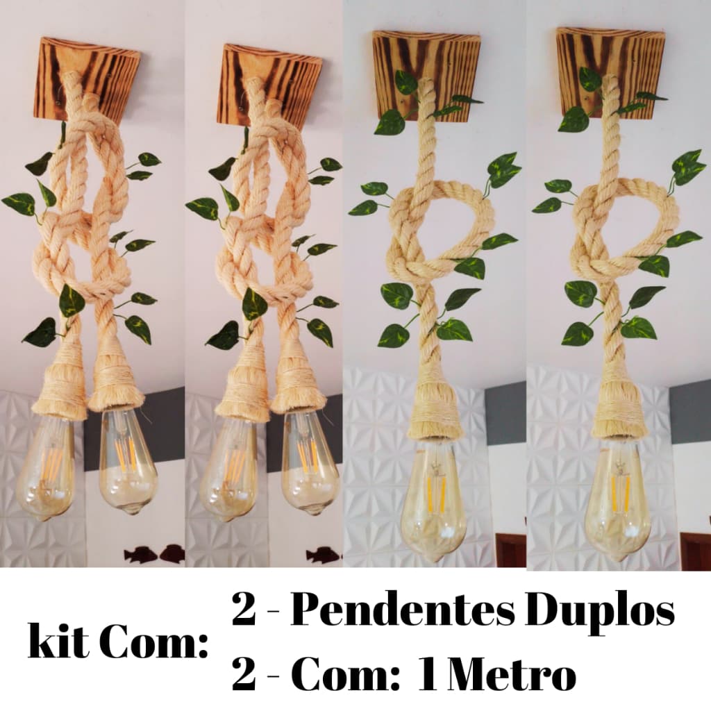 LUSTRE LUMINÁRIA DE TETO PENDENTE CORDA KIT COM 4 UNIDADES