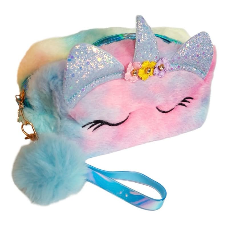 Estojo Escolar Feminino Pelucia Únicornio Colorido Com Zíper, Bolsinha Infantil Colorida