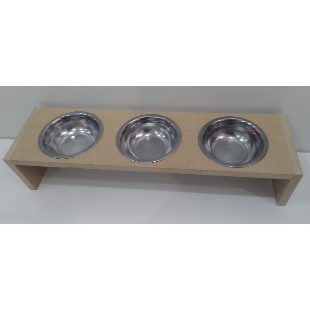 Comedouro 3 potes para gatinhos em mdf cru e pote inox