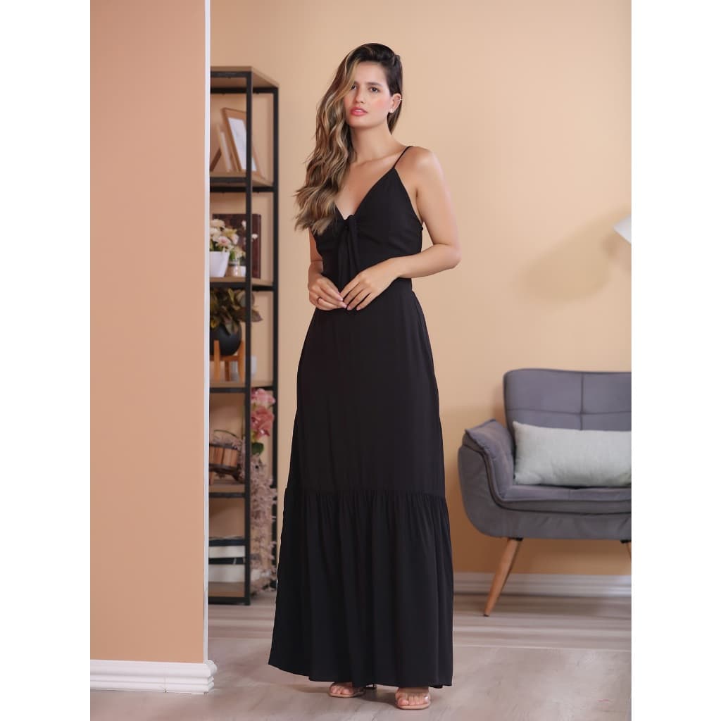 Vestido longo liso de  linho alça com bojo