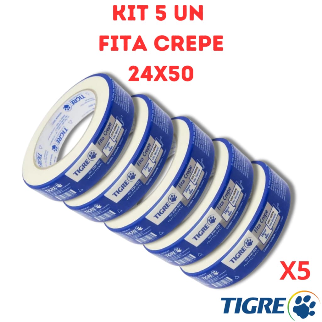 Fita Crepe Media Branca Tigre Kit 5UN 24X50 Fita Media Uso Geral Fita Para Pintura Fita De Pintura