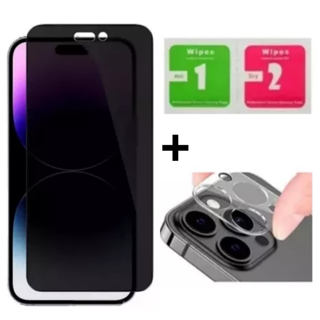 Película Privacidade 3D Vidro + Película de Câmera Para iPhone 15 Normal 6.1 / 15 Pro 6.1 / 15 Pro Max 6.7
