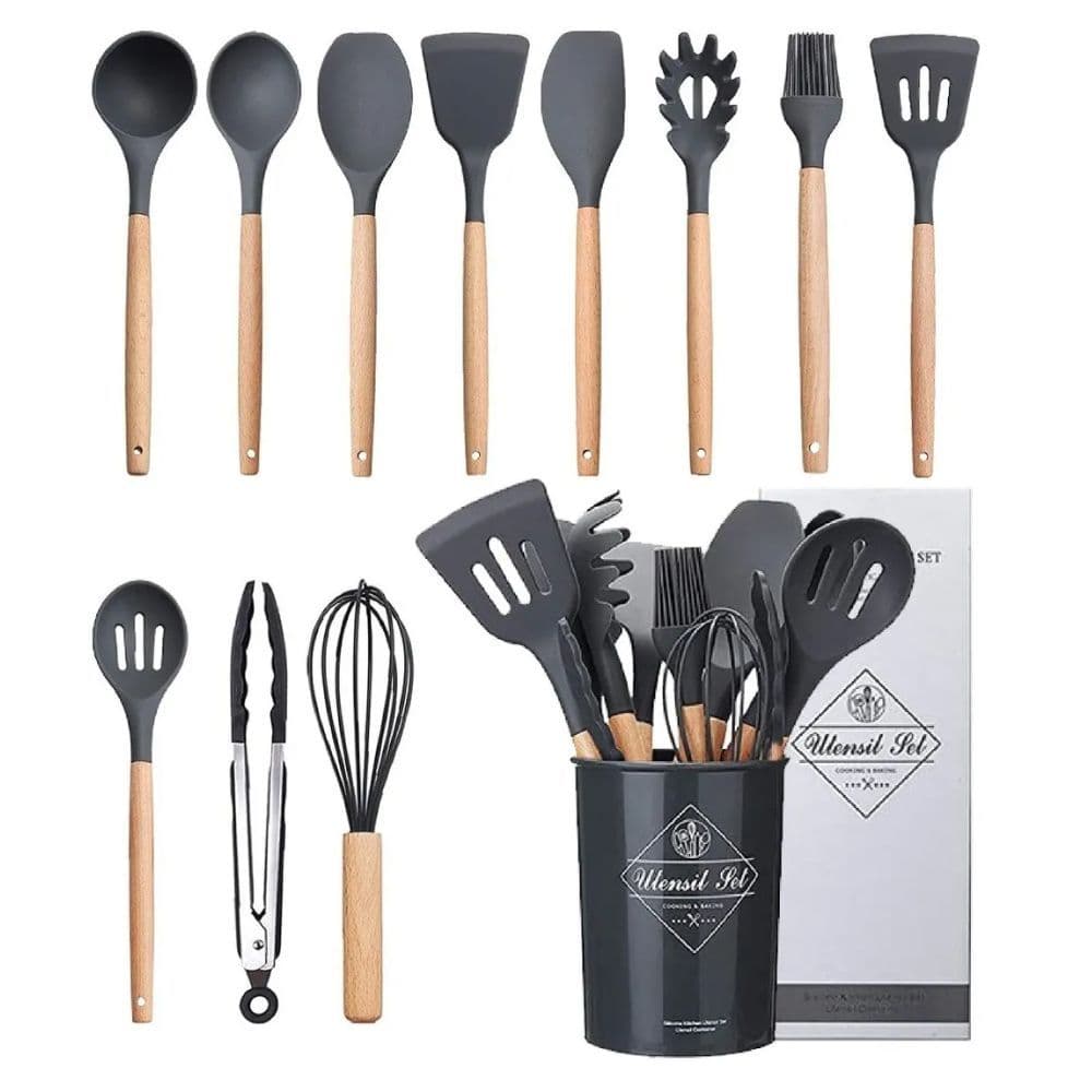 Kit 12 Utensílios De Cozinha Em Silicone E Cabo De Madeira