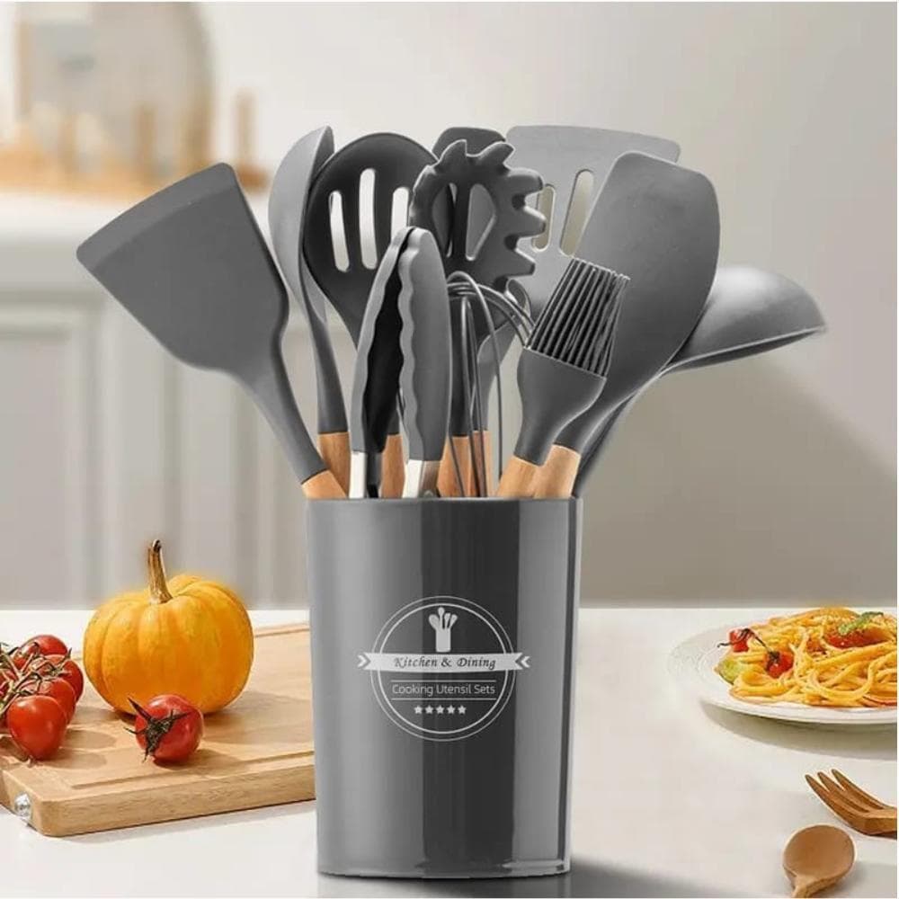Kit 12 Utensílios De Cozinha Em Silicone E Cabo De Madeira