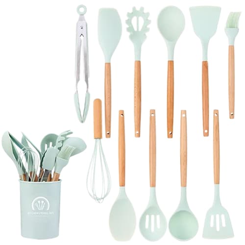 Kit 12 Utensílios De Cozinha Em Silicone E Cabo De Madeira