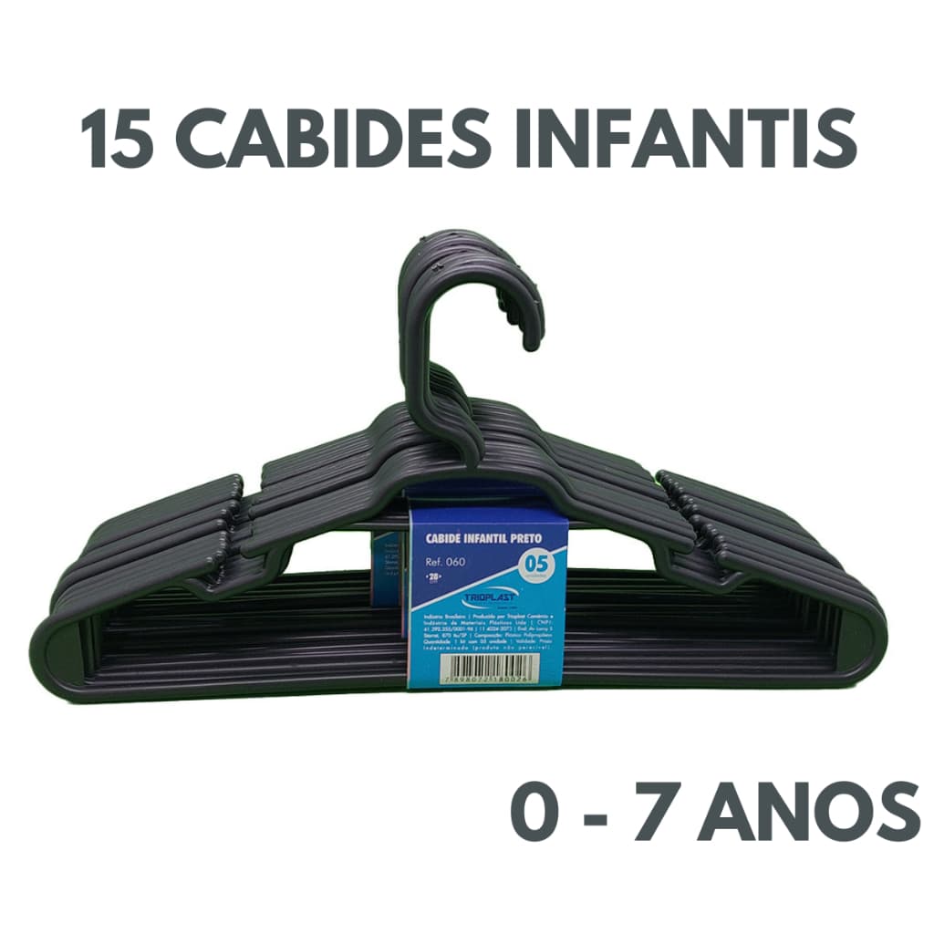 Kit 15 Unidades Cabide Infantil Preto Reforçado Organização Roupa Infantil Bebê
