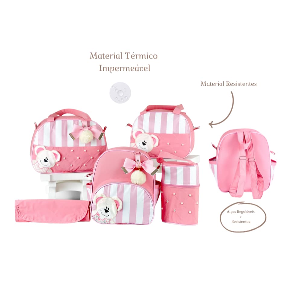 Bolsa Maternidade Menina Menino Térmica Mochila Grande 5 Peças Coleção Urso