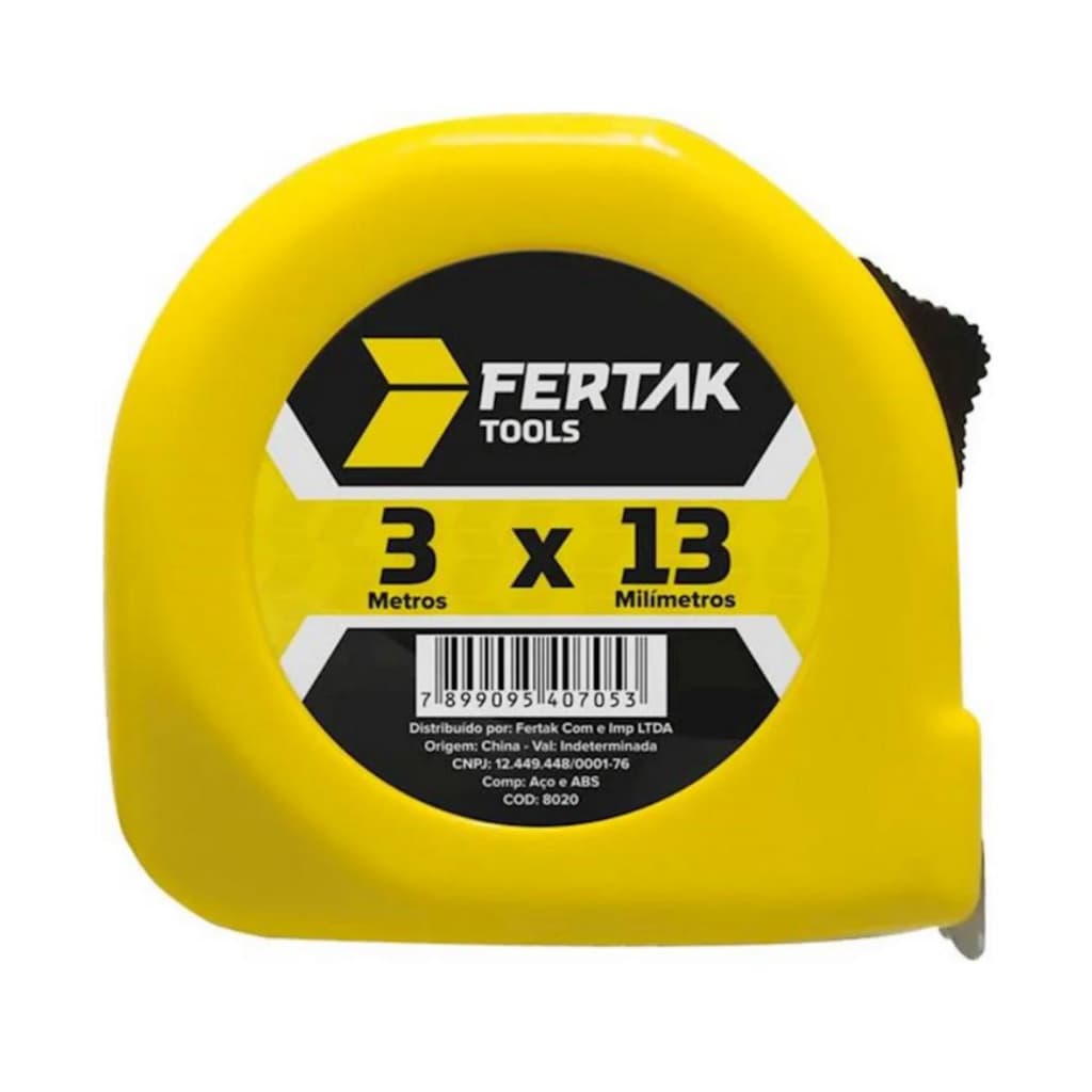 Trena Métrica De Medição Amarela Manual Com Trava - 3 Metros x13 mm - Trena Leve e Portátil -Fertak.