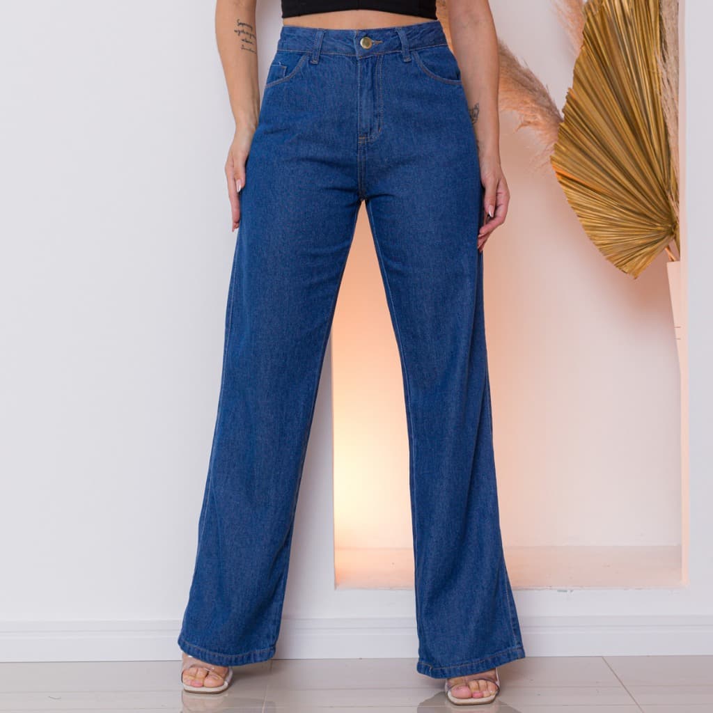 CALÇA JEANS FEMININA CINTURA ALTA PANTALONA WIDE LEG LISA DENIM PREMIUM