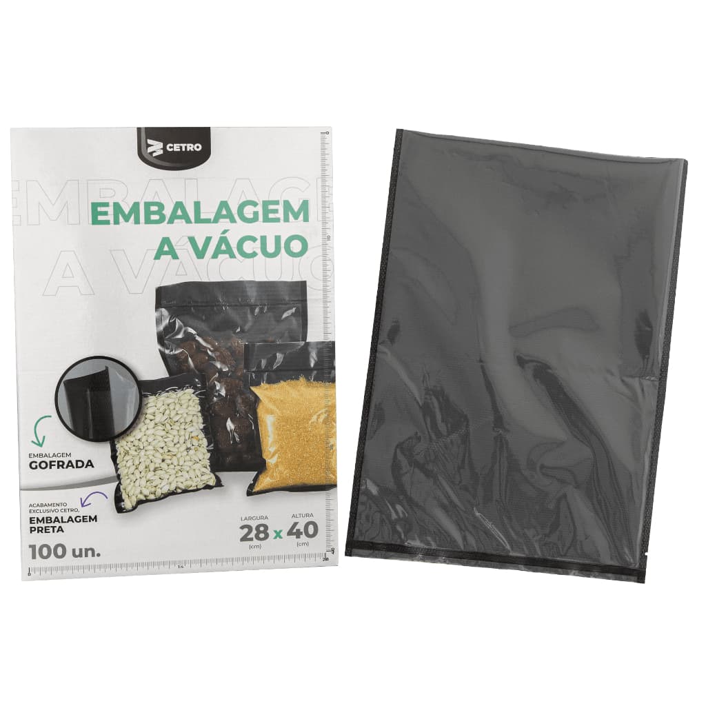 Embalagem a Vácuo 28x40cm - 100 Unidades Gofrada Preta em Sacos Pré-Formados