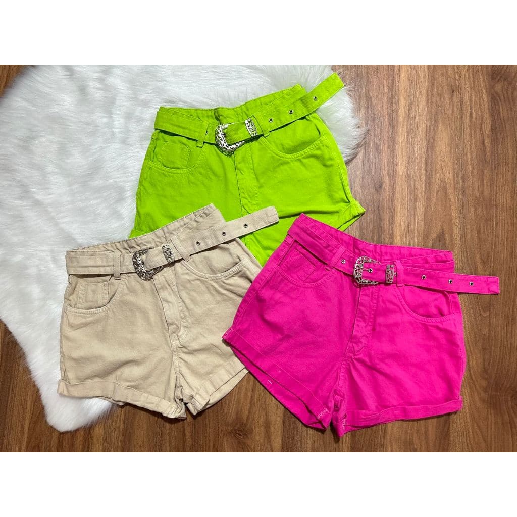 Short Jeans coloridos Citura alto sem lycra com cinto femininas