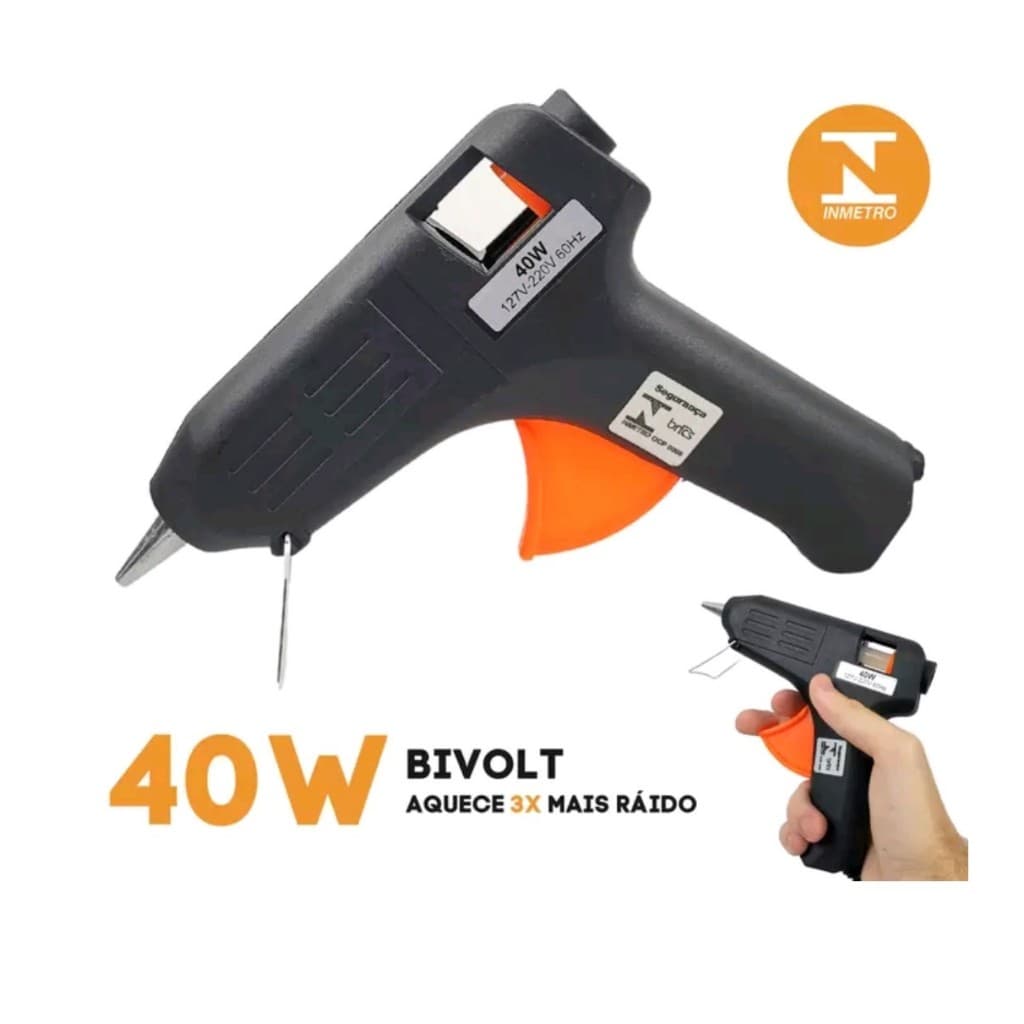 Pistola de cola quente grande 40W com 5 bastões de cola de 30 cm cada.
