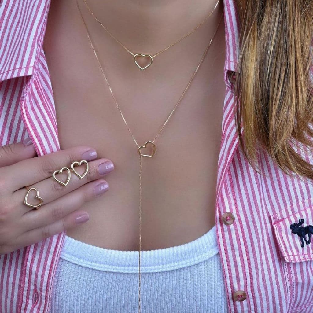 Conjunto Colar e brinco gravatinha de coração ajustável feminino folheado a prata925 e ouro18k