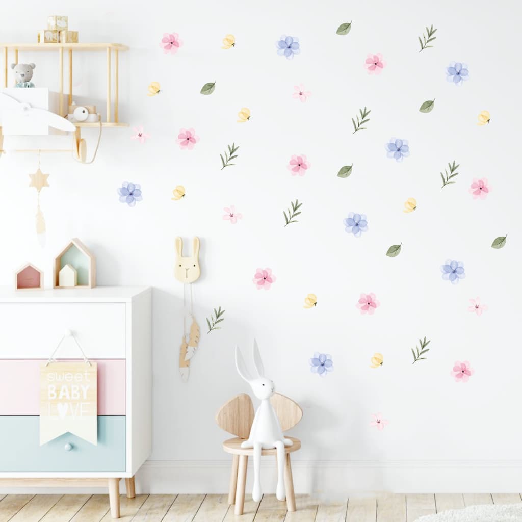 Adesivo de Parede Flores Florais Aquarela com Folhas Raminhos decoração quarto de bebê delicado