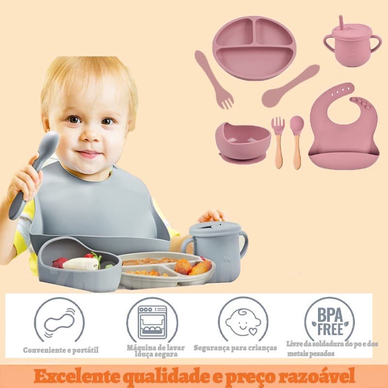 Tigela conjunto de 5 peças  Prato de jantar de silicone para bebês Tigela de comida suplementar para bebês Babador de silicone Colher macia-envio imediato