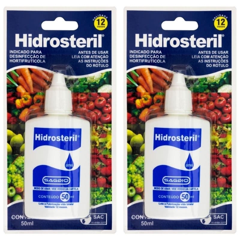 2 unidades Hidrosteril higienizador desinfetante para alimentos 50ml cada frasco