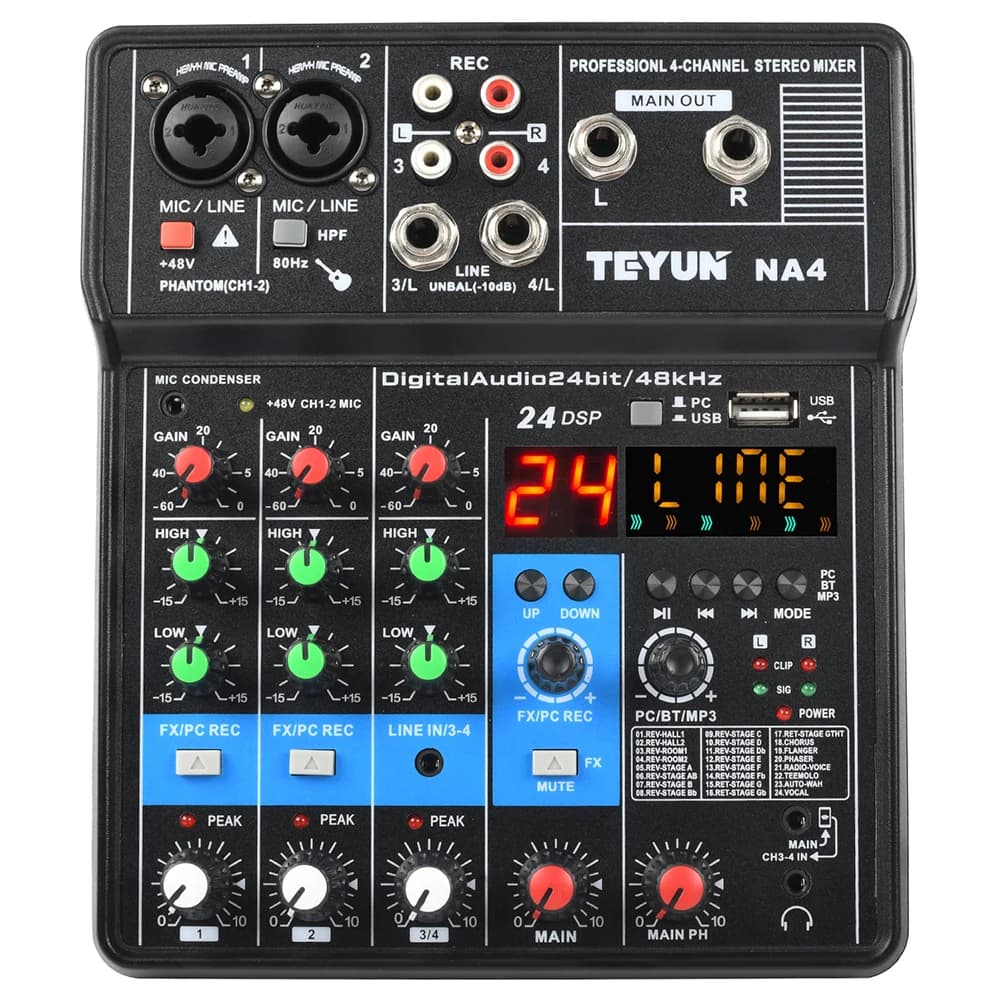 TEYUN-Mini 4-Channel Sound Mixer Console Profissional Mini Placa De Som Gravação Do Computador Entrada USB 48V