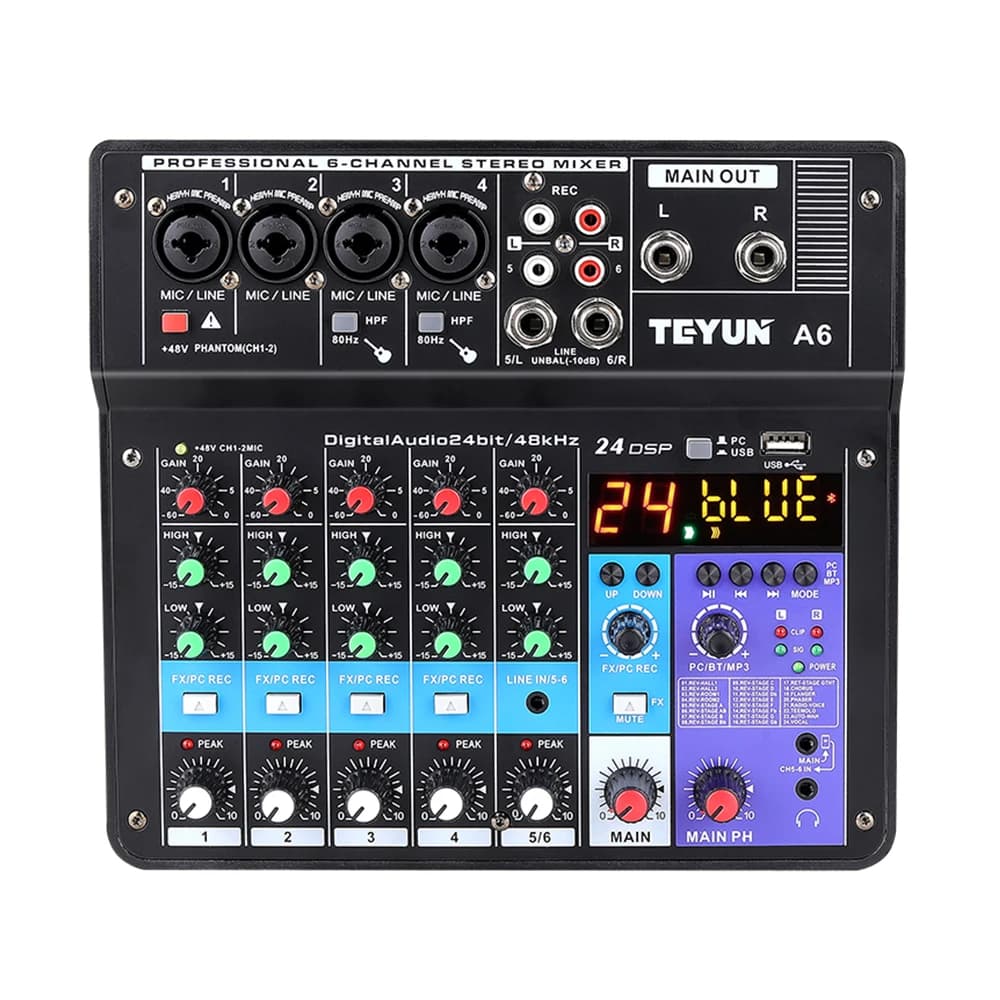 Teyun 6 canais áudio mixer interface de som console mistura entrada do computador número de energia transmissão ao vivo