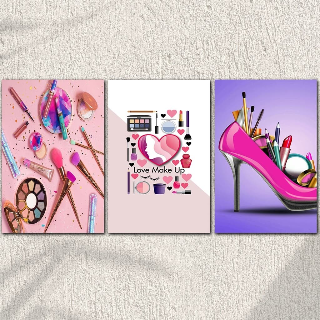 Kit Quadros Decorativos Mosaico 3 Peças Maquiagem Decoração Studio de Maquiagem Love MakeUp Amor