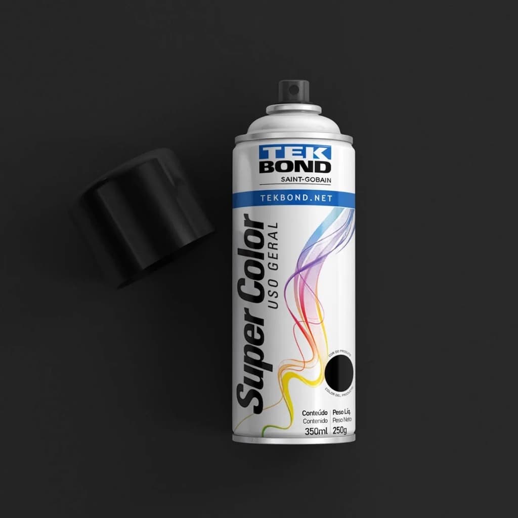 Tinta Spray Preto Brilhante SuperColor Uso Geral 350ml Tekbond Aerossol Secagem Rápida Gesso Cerâmica Aerosol