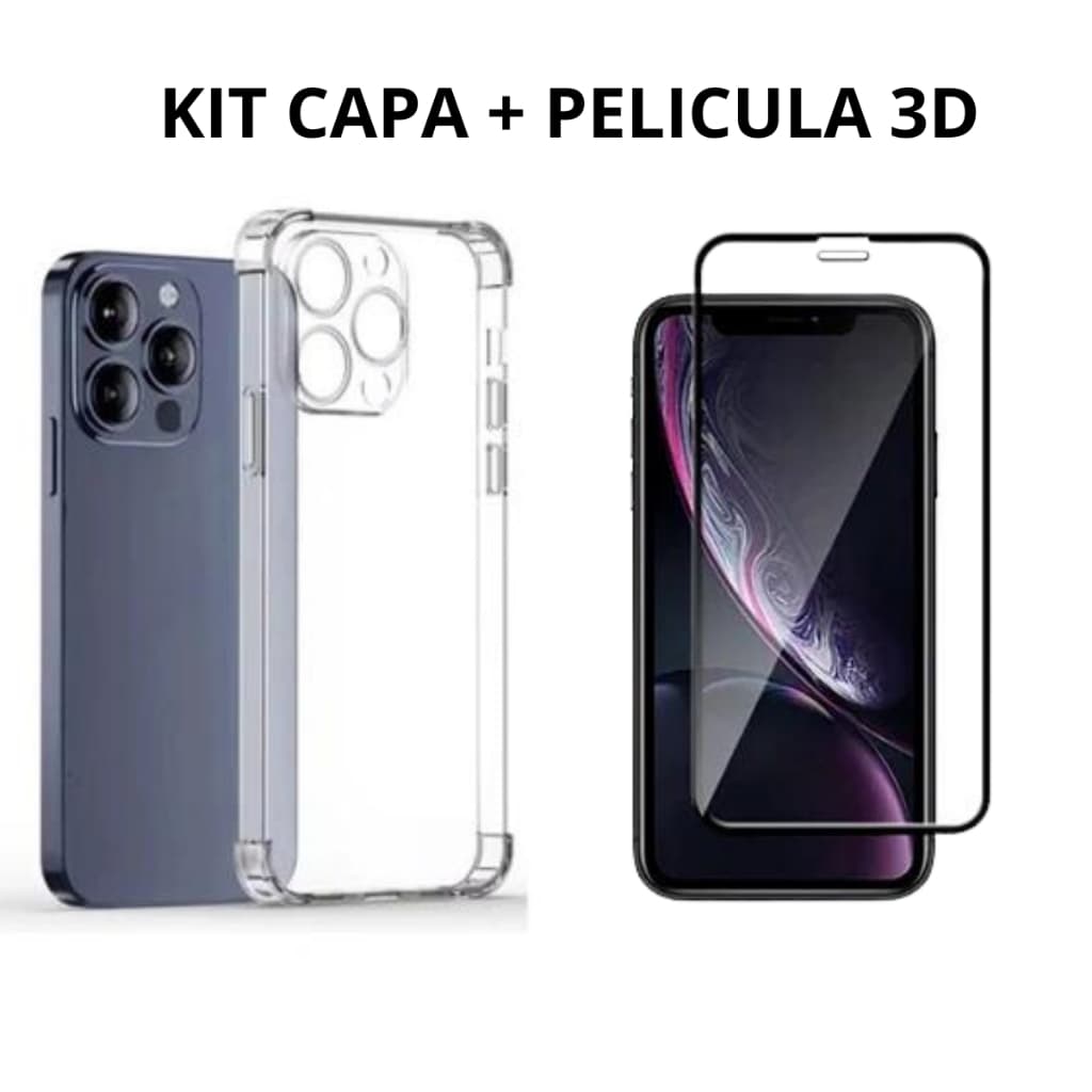 kit Capa Transparente Para iPhone 15 / 15 PLUS / 15 PRO e 15 PRO MAX  + Pelicula 3D