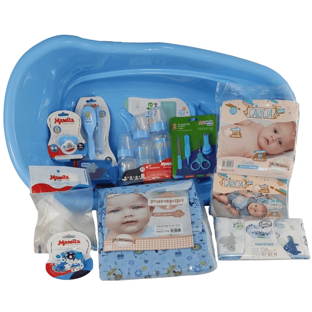Kit Banho Bebê Banheira Mamadeira Itens de Higiene Chupeta Toalha Infantil Roupão Fralda Babetes Bacia Balde Lixeira