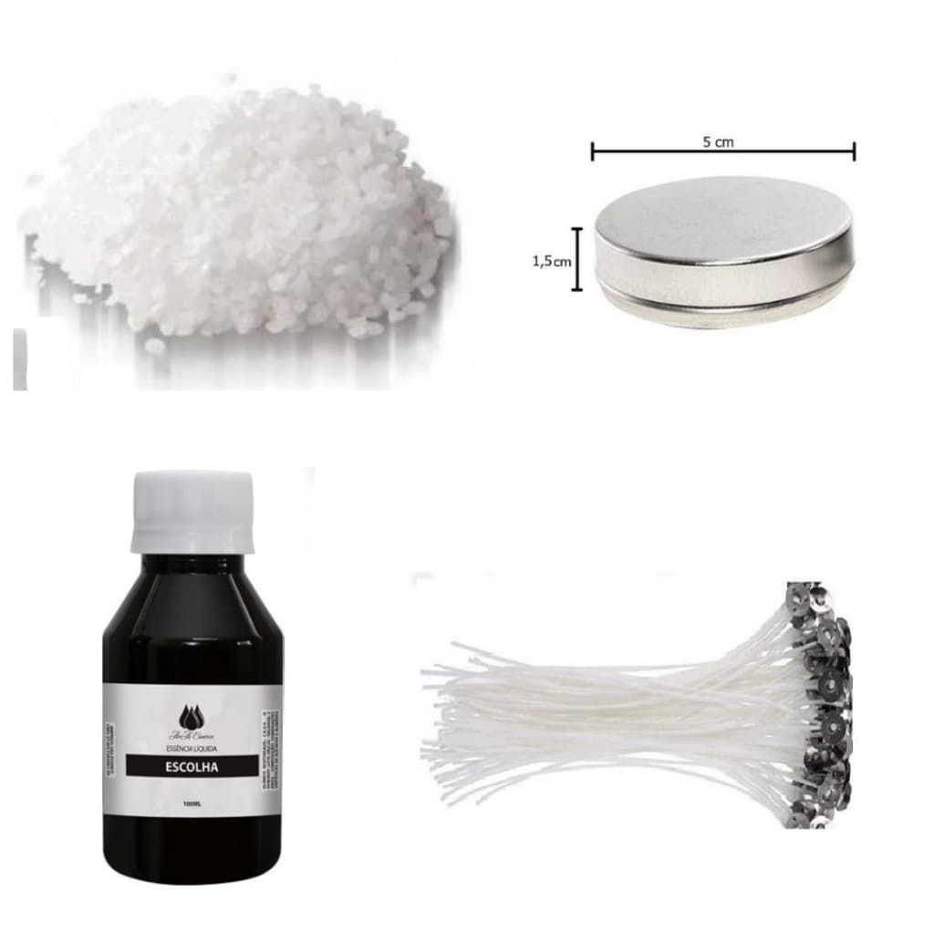 kit para Vela artesanal aromática essência 100ml + 10 Pavio com 10cm + 500grs Parafina Lentilhada + 5 latinhas