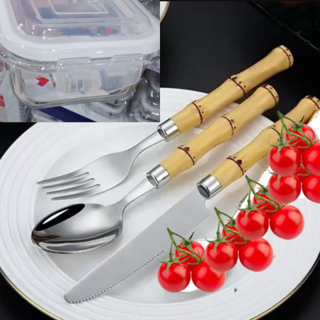 KIT COZINHA 12 TALHERES DE BAMBÚ + POTE HERMÉTICO DE VIDRO