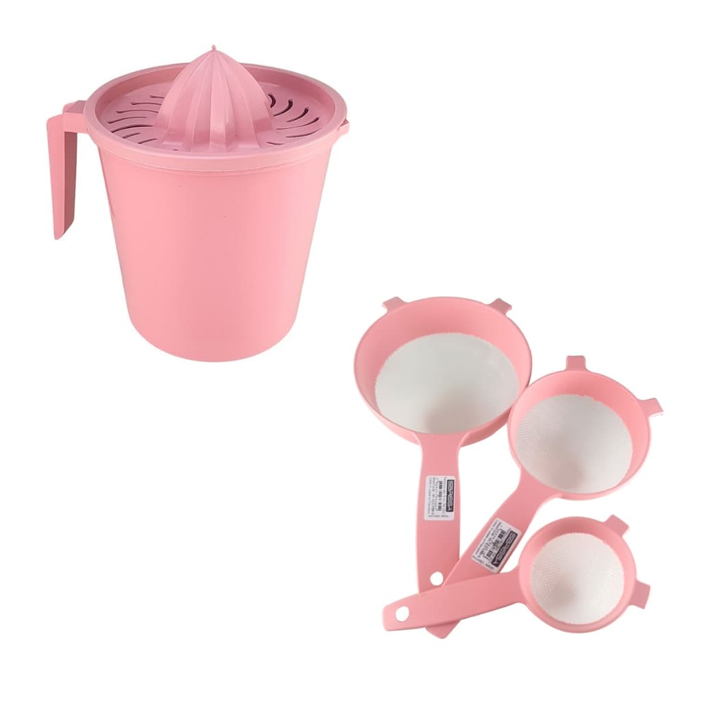 Conjunto de Peneiras de Plástico com Jarra Medidora e Espremedor Rosa