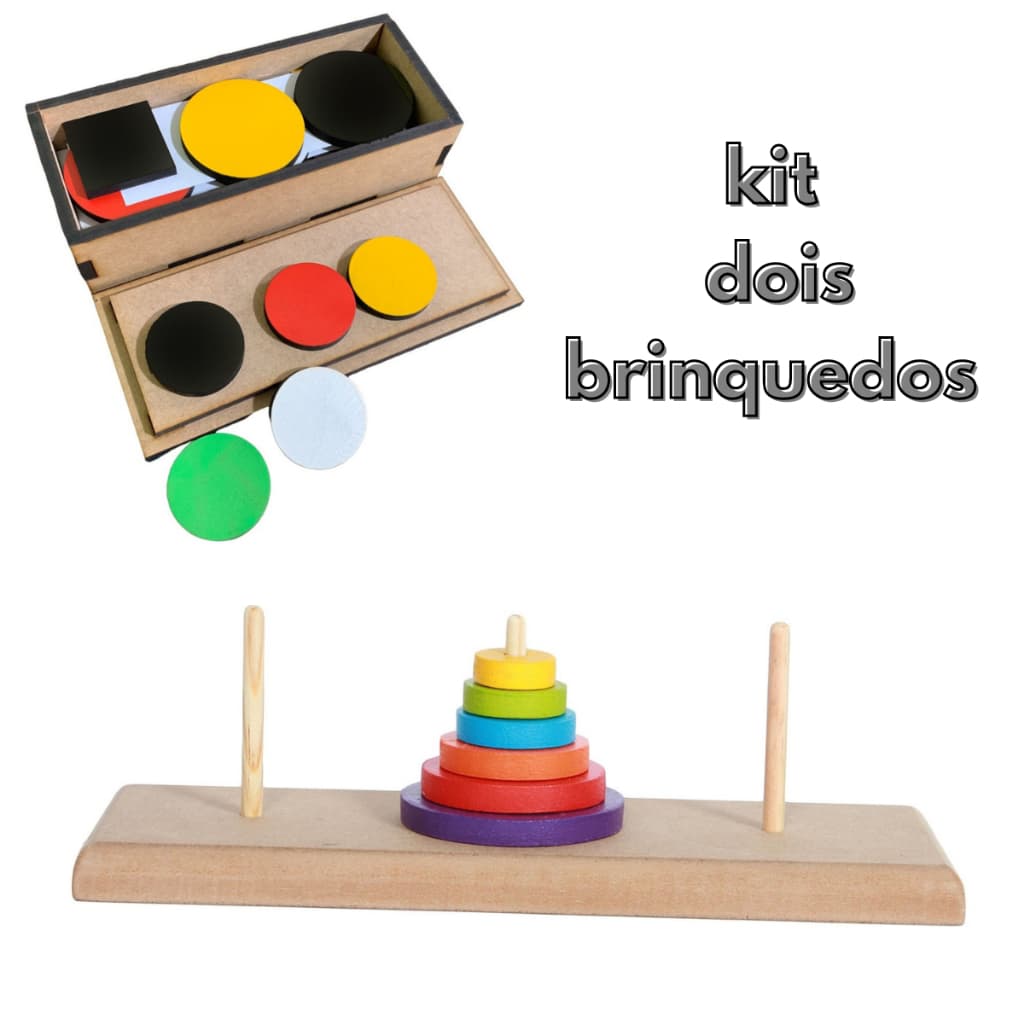 Kit TESTE TOKEN + TORRE DE HANÓI em Madeira e EVA Colorido Woodtoy Brinquedo Educativo Pedagogico
