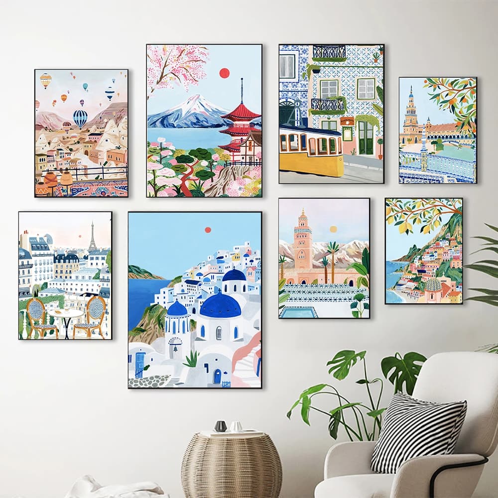 Quadro Nordic Vintage Travel City Poster, Paris, Lisboa, Japão Paisagem,Housewarming Gift, Wall Pictures, Home Decor
