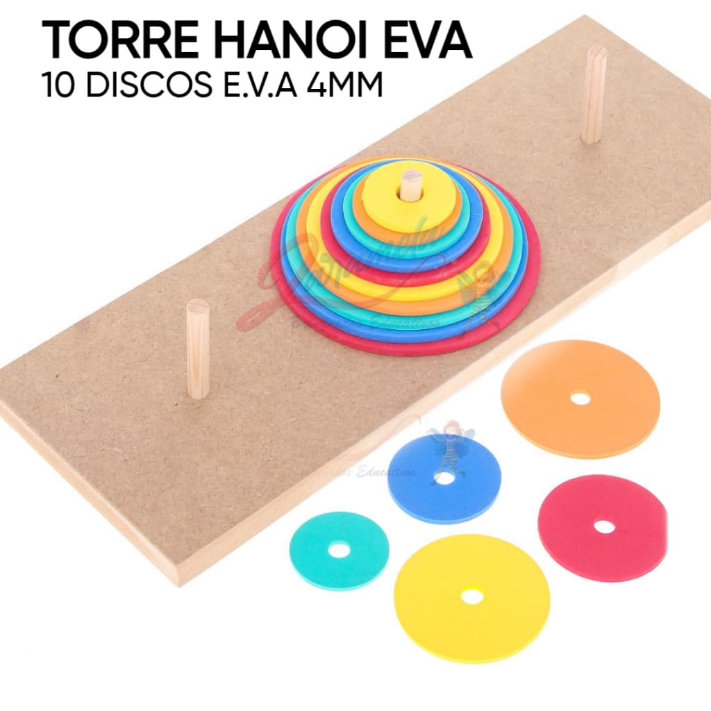 Brinquedo Torre de Hanói Eva 10 Discos Colorido Base em Madeira e Disco  Educativo Pedagogico