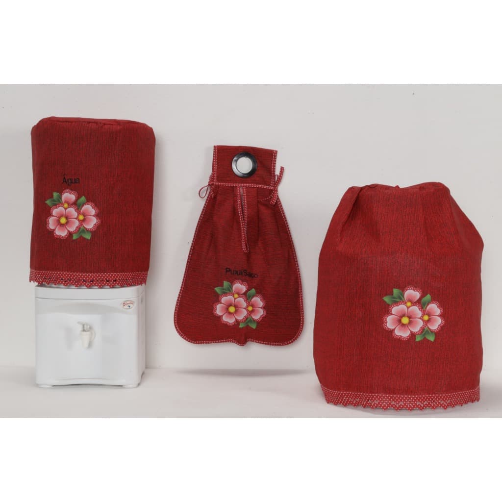 Kit 3 peças: agua, botijão e puxa saco Flor Vermelha