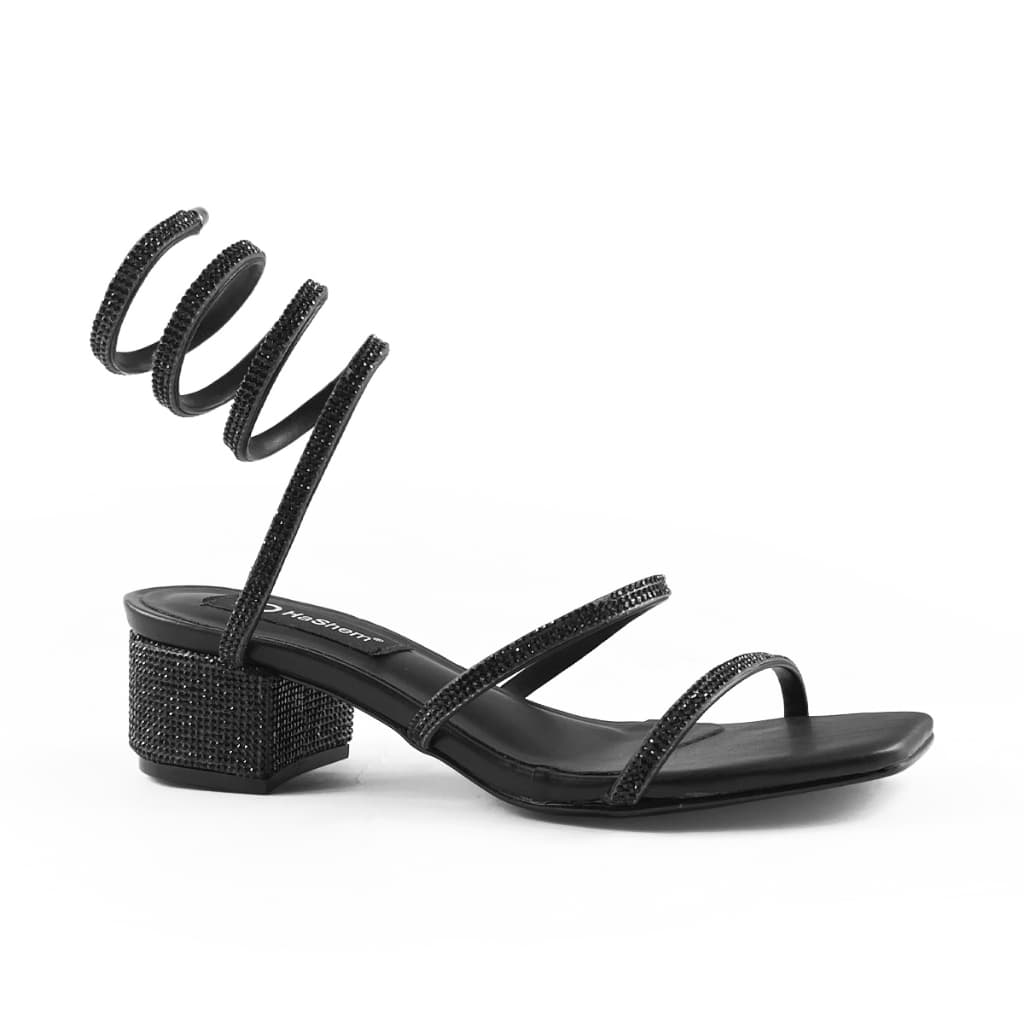 Sandália Feminina Espiral Salto Baixo Quadrado Strass Moda