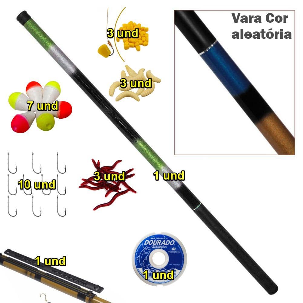 KIT VARA TELESCOPICA 2,10 M + LINHA + ANZOL + BOIA + ISCAS ARTIFICIAIS
