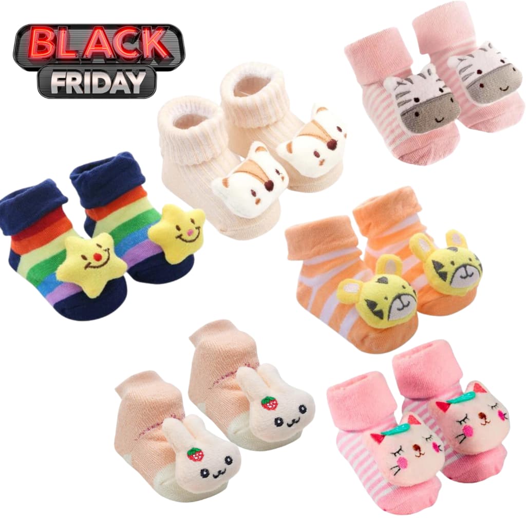 Kit Meia Infantil Com Chocalho Bebê 3d Antiderrapante Chocalhos Kit 2 ou 4 ou 6 pares