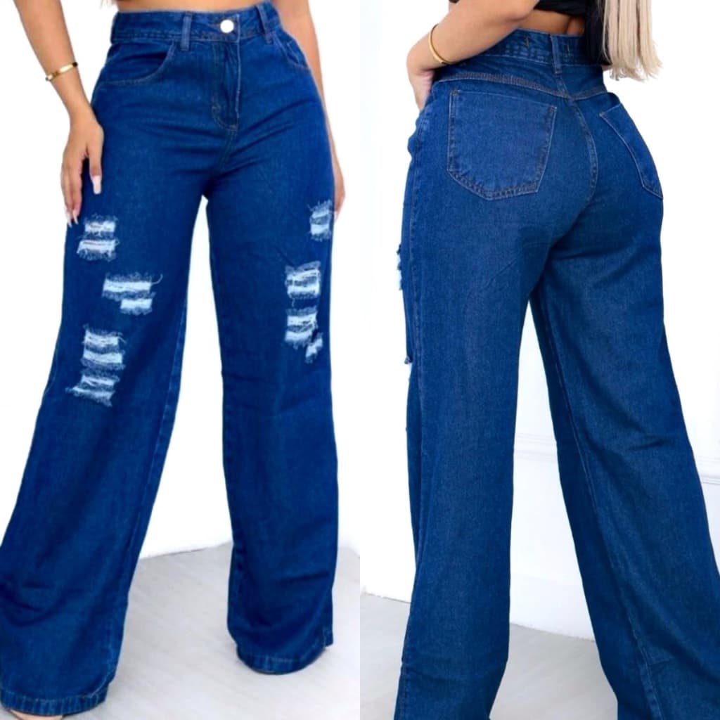 Calça Jeans Feminina WideLeg Escura Destroyed Linha Premium Pantalona Larguinha Modela Bumbum Cintura Alta