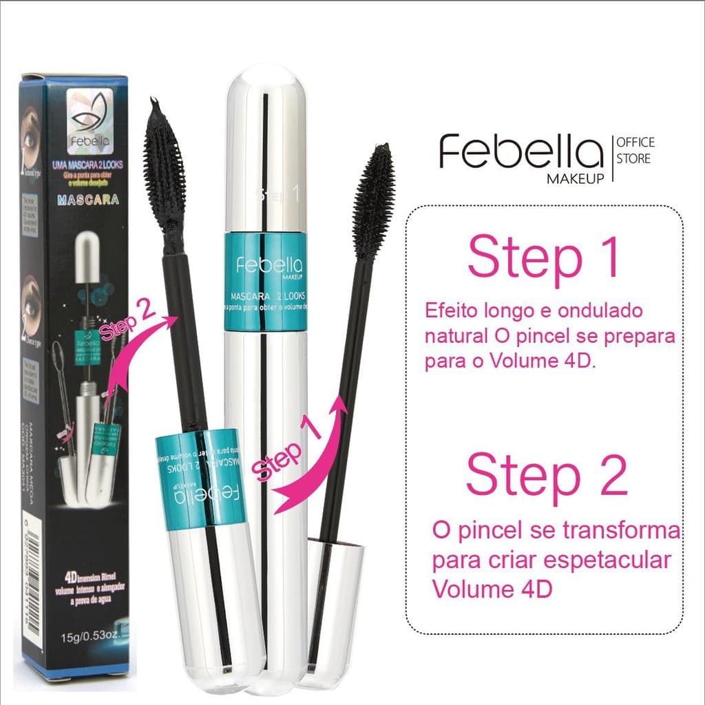 Máscara P/ Cílios Rímel prova d' água 2 Em 1 Volume Extra febella