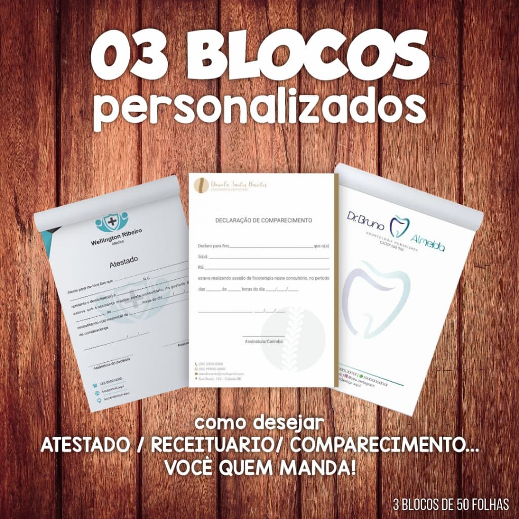 3 blocos de 50 folhas tamanho 14x20cm receituário atestado comparecimento para Médicos, Dentistas, Nutricionistas etc