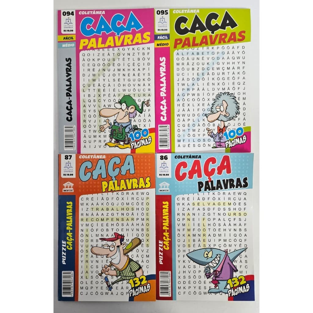 Kit com 4 passatempo caça palavras. Enviamos 2 com 100 paginas e 2 com 132 paginas de diversão.