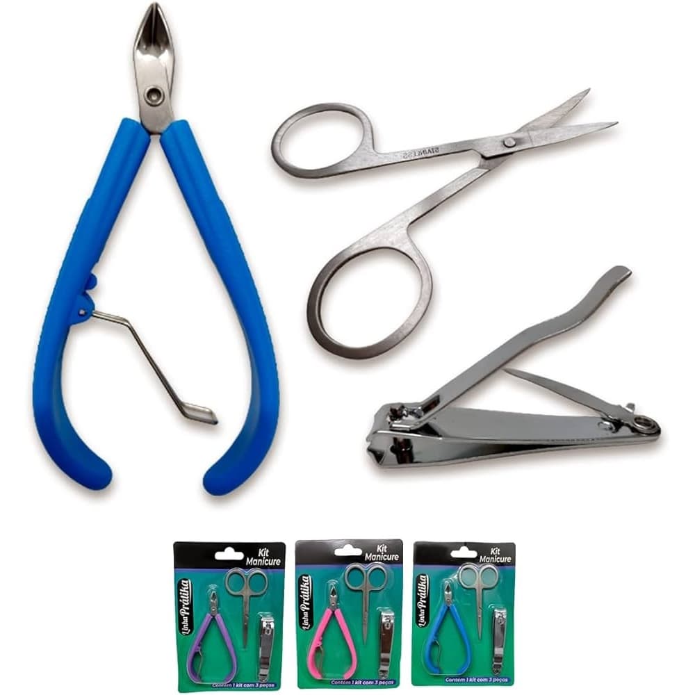 Kit Manicure Profissional 3 Itens - Alicate Cutícula Cortador de Unha Tesoura