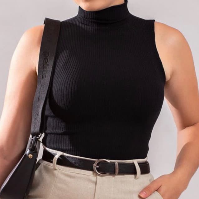 Cropped Gola Alta Malha Canelada Moda Feminina